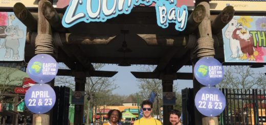 Three Phi Theta Kappans standing before the Columbus Zoo entrance.